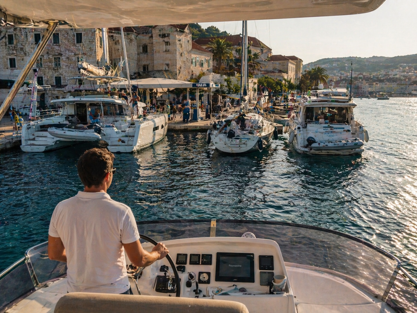 yacht waiting at fuel dock in Croatia marina with boats lined up to refuel